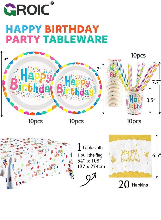 92 Pcs Birthday Party Tableware Set Party Paper Plates Cups Napkins Tablecloth Straws Birthday Party Supplies Decorations for 10 Guests