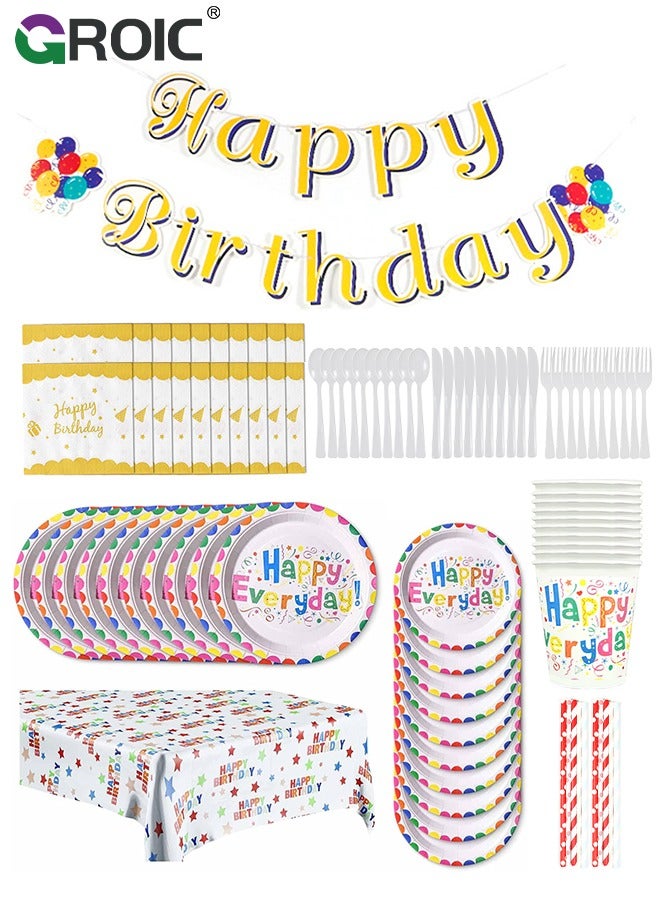 92 Pcs Birthday Party Tableware Set Party Paper Plates Cups Napkins Tablecloth Straws Birthday Party Supplies Decorations for 10 Guests