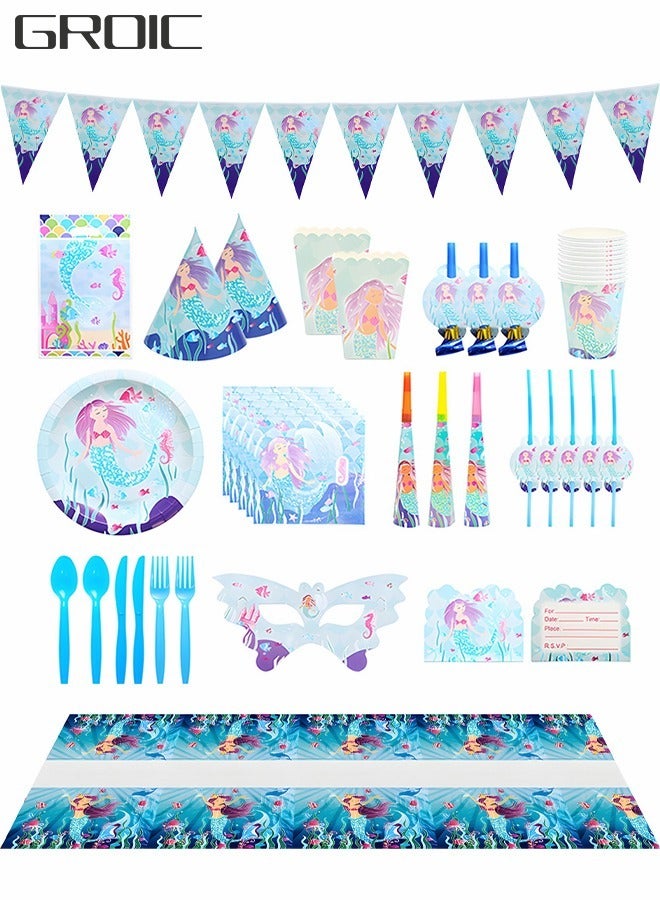 Mermaid Party Supplies Kit (Serve 10), Birthday Party Disposable Dinnerware, All-in-One Party Supplies Set Includes Mermaid Paper Plates Cups Napkins Tableware Tablecloth