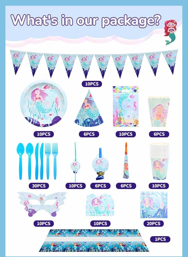 Mermaid Party Supplies Kit (Serve 10), Birthday Party Disposable Dinnerware, All-in-One Party Supplies Set Includes Mermaid Paper Plates Cups Napkins Tableware Tablecloth