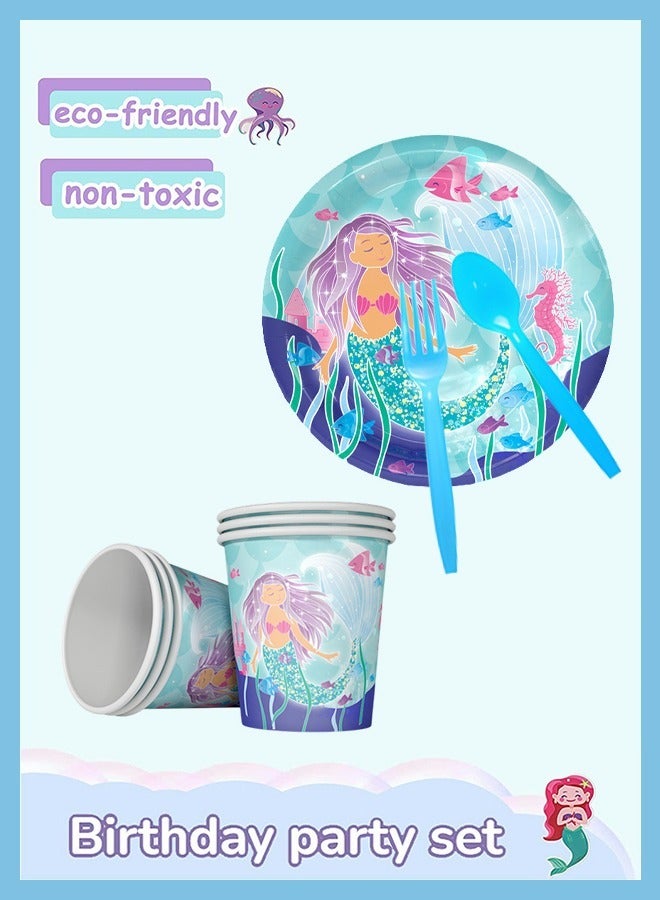 Mermaid Party Supplies Kit (Serve 10), Birthday Party Disposable Dinnerware, All-in-One Party Supplies Set Includes Mermaid Paper Plates Cups Napkins Tableware Tablecloth