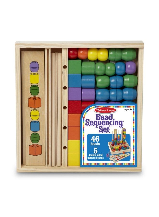 Bead Sequencing Set With 46 Wooden Beads And 5 Doublesided Pattern Boards Color Recognition Toys Matching Shapes Stacker Shape Sorter Toys For Kids Ages 4+