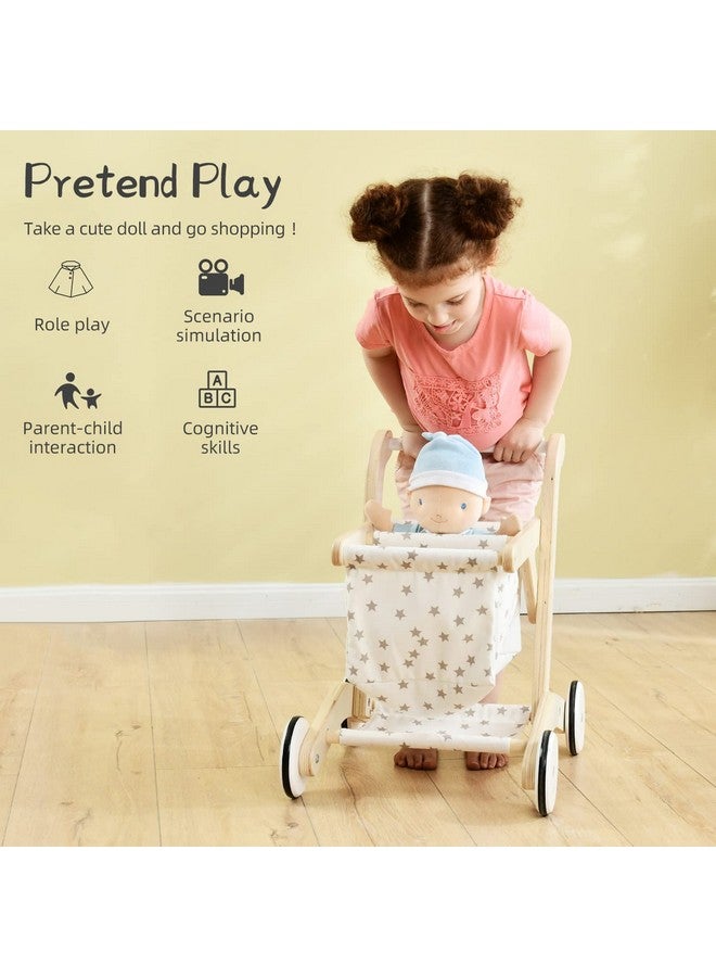 Baby Push Walker Doll Stroller Push Toy For Toddler Shopping Cart For Girls And Boys 1 Years Old Kids Stand Learning Walker Wooden Play Wagon With Wheel Larger Size 15.2 * 18.7 * 19.7