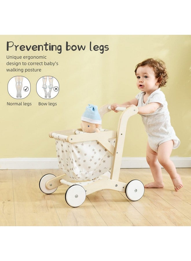 Baby Push Walker Doll Stroller Push Toy For Toddler Shopping Cart For Girls And Boys 1 Years Old Kids Stand Learning Walker Wooden Play Wagon With Wheel Larger Size 15.2 * 18.7 * 19.7