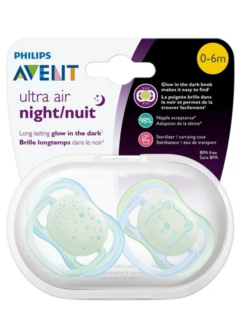 Pack Of 2 Ultra Air Night Soft Pacifier Set, BPA-Free For 0-6 Months, Clear - SCF376/11