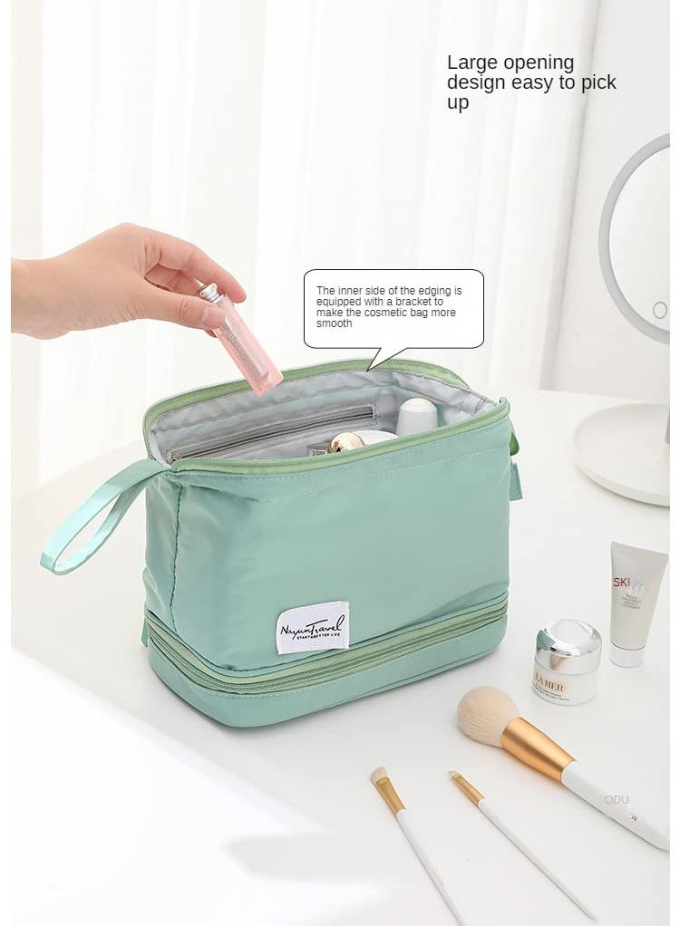 2 in 1 Double Layer Large Capacity Makeup Bag with Brush Organiser Portable Zip Toiletries Organizer PVC Material Scratch Prooffor Watterproof for Women Girls Men Home or traveling Green