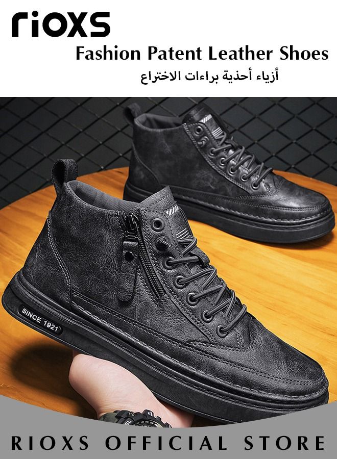 Men's Casual Leather Boots,Fashion High Top Sneaker,Lightweight Lace Up Flat Shoes,Dressy Sneaker Ankle Boot For Men,Daily Walking Shoes For Office Family Parties Holiday Travel, Pair With Jeans Jacks Coat