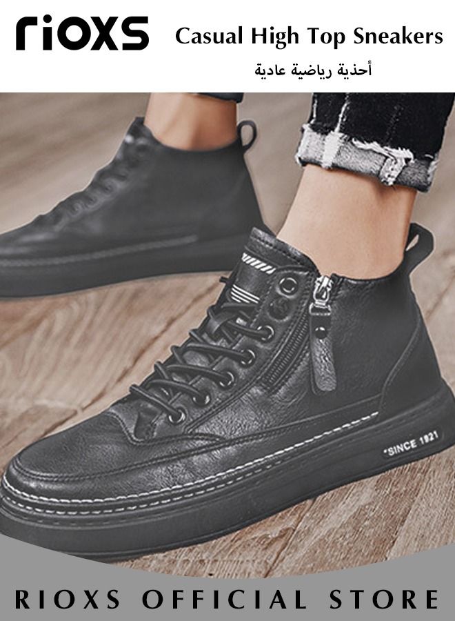 Men's Casual Leather Boots,Fashion High Top Sneaker,Lightweight Lace Up Flat Shoes,Dressy Sneaker Ankle Boot For Men,Daily Walking Shoes For Office Family Parties Holiday Travel, Pair With Jeans Jacks Coat
