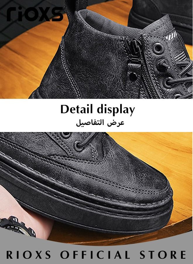 Men's Casual Leather Boots,Fashion High Top Sneaker,Lightweight Lace Up Flat Shoes,Dressy Sneaker Ankle Boot For Men,Daily Walking Shoes For Office Family Parties Holiday Travel, Pair With Jeans Jacks Coat