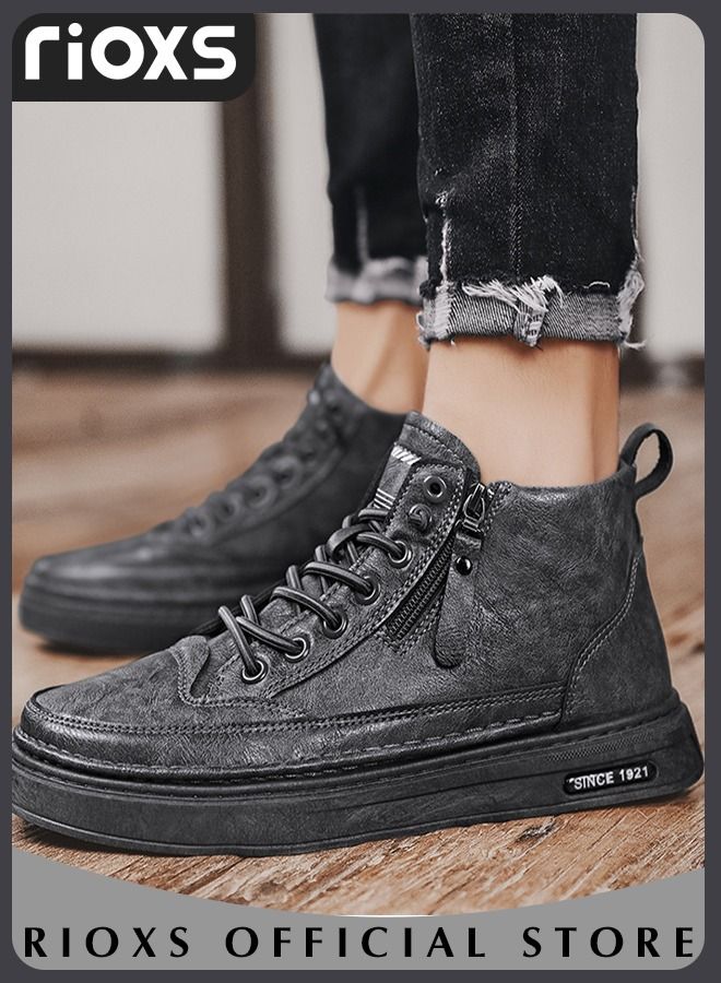 Men's Casual Leather Boots,Fashion High Top Sneaker,Lightweight Lace Up Flat Shoes,Dressy Sneaker Ankle Boot For Men,Daily Walking Shoes For Office Family Parties Holiday Travel, Pair With Jeans Jacks Coat