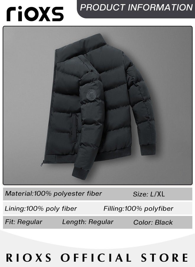Men's Puffer, Mens Casual Winter Down Cotton Jacket, Warm & Lightweight Puffer Coat, Standing Collar Windproof Outerwear, Slim Fit Outdoor Jacket With Side Pockets, Gift For Daddy Husband Boyfriend