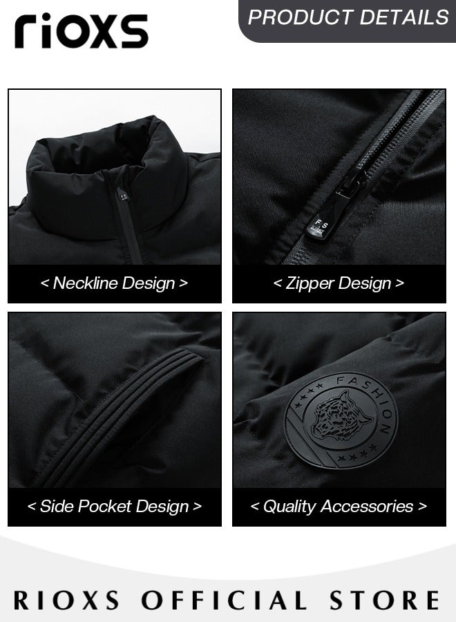 Men's Puffer, Mens Casual Winter Down Cotton Jacket, Warm & Lightweight Puffer Coat, Standing Collar Windproof Outerwear, Slim Fit Outdoor Jacket With Side Pockets, Gift For Daddy Husband Boyfriend