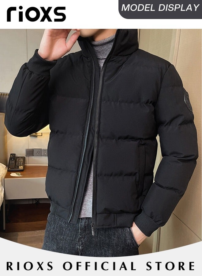 Men's Puffer, Mens Casual Winter Down Cotton Jacket, Warm & Lightweight Puffer Coat, Standing Collar Windproof Outerwear, Slim Fit Outdoor Jacket With Side Pockets, Gift For Daddy Husband Boyfriend