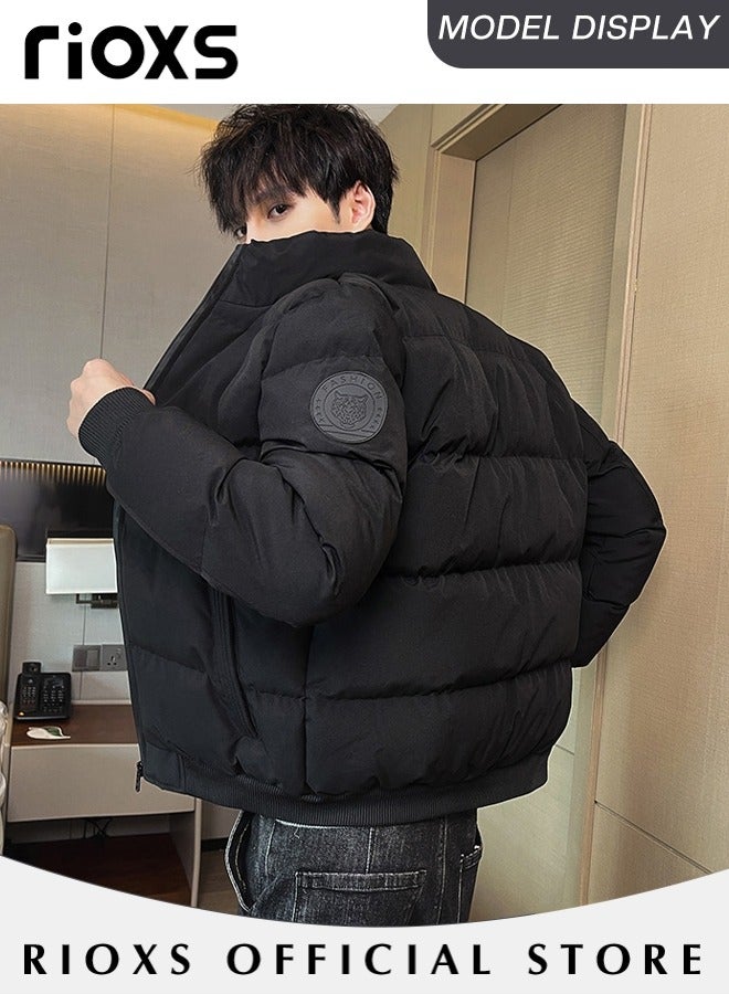 Men's Puffer, Mens Casual Winter Down Cotton Jacket, Warm & Lightweight Puffer Coat, Standing Collar Windproof Outerwear, Slim Fit Outdoor Jacket With Side Pockets, Gift For Daddy Husband Boyfriend