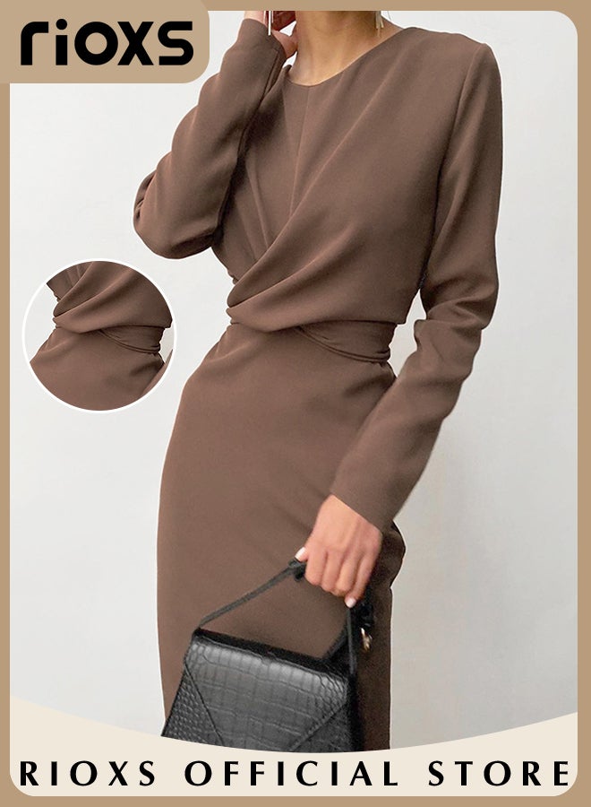 Women's Fashion Slim Dress Long Sleeve Round Neck Bodycon Sheath Dress Casual Solid Pencil Dress