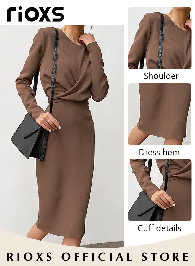 Women's Fashion Slim Dress Long Sleeve Round Neck Bodycon Sheath Dress Casual Solid Pencil Dress