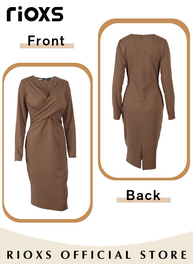 Women's Fashion Slim Dress Long Sleeve Round Neck Bodycon Sheath Dress Casual Solid Pencil Dress