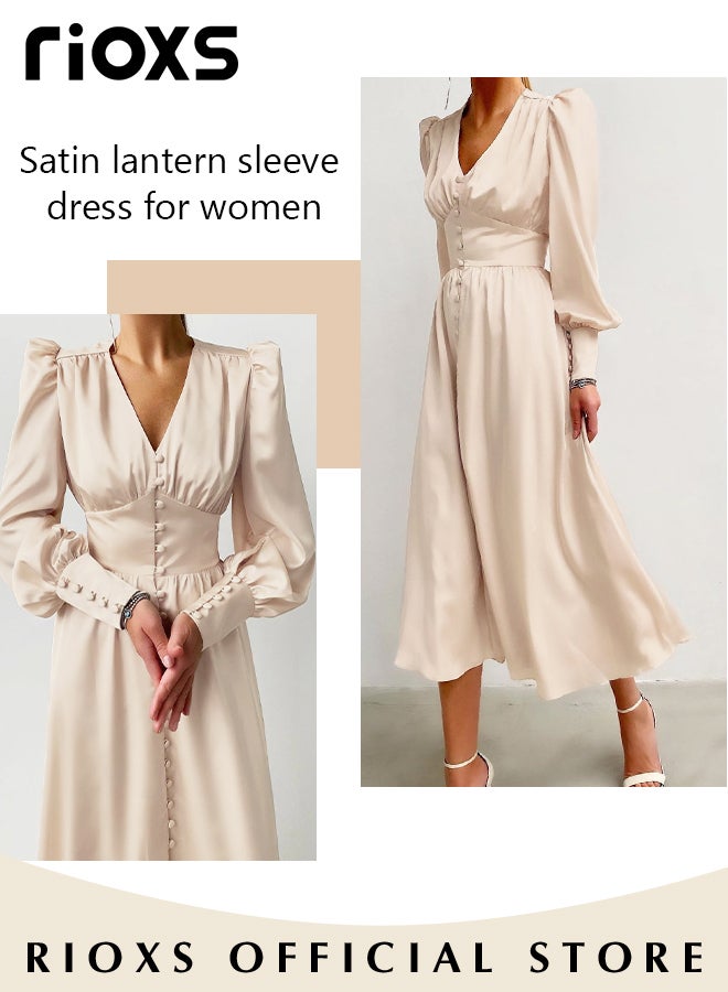 Women's Satin Maxi Dress, Classic Chic V-neck Dress with A-line Silhouette and Lantern Sleeves, Fashionable Soft High Waist Long Dress, Perfect Dress for Casual, Wedding, Party and Daily Life