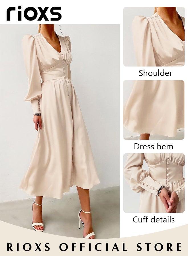 Women's Satin Maxi Dress, Classic Chic V-neck Dress with A-line Silhouette and Lantern Sleeves, Fashionable Soft High Waist Long Dress, Perfect Dress for Casual, Wedding, Party and Daily Life