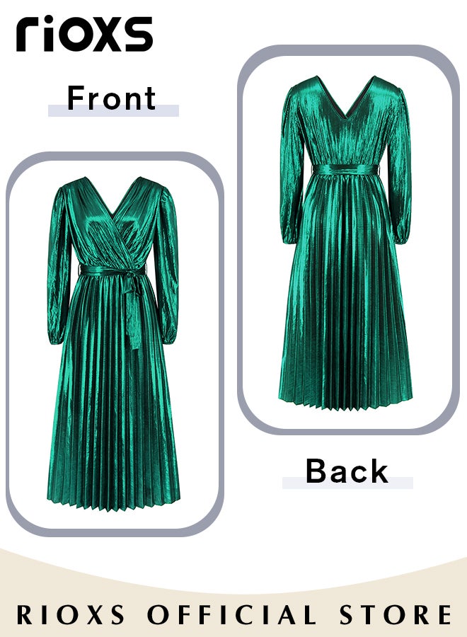 Women's Charming Bright Green Pleated Dress Waist Wrap Slimming Long-sleeved Evening Dress Party Elegant Dress for Ladies