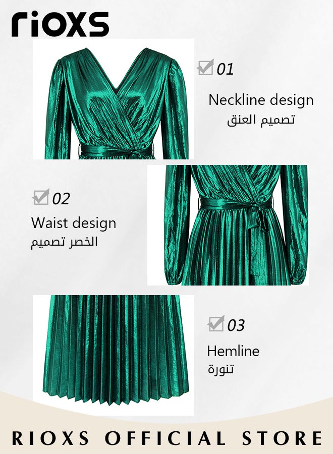 Women's Charming Bright Green Pleated Dress Waist Wrap Slimming Long-sleeved Evening Dress Party Elegant Dress for Ladies