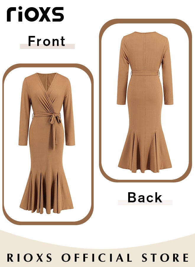 Womens Knit Dress with a Belt Long Sleeve Cocktail Dress Fashion Solid Color V-Neck Slim Fit Fishtail Dress