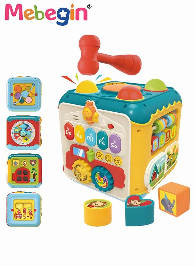 Toy Activity Cube for Baby 7-in-1 Hands Drum Bead Maze Shape Sorter Toy with Light and Music Easy-to-Grip Shapes Early Educational Activity Toy for Toddlers Birthday Gift for Boys Girls 18M +