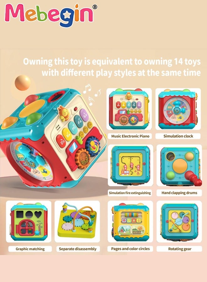 Toy Activity Cube for Baby 7-in-1 Hands Drum Bead Maze Shape Sorter Toy with Light and Music Easy-to-Grip Shapes Early Educational Activity Toy for Toddlers Birthday Gift for Boys Girls 18M +