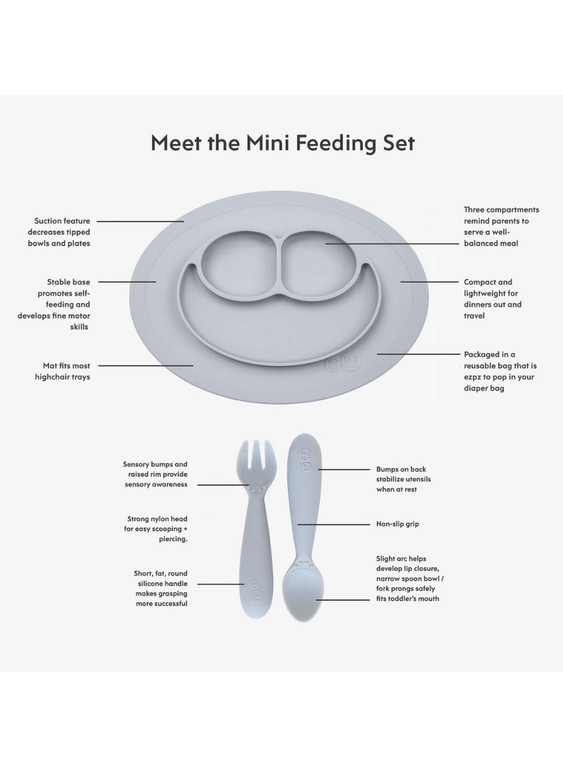 Mini Baby Feeding Set - Baby Led Weaning - 100% Silicone Silicone Baby Feeding Set, Plate, Fork & Spoon For Infants + Toddlers - Mauve