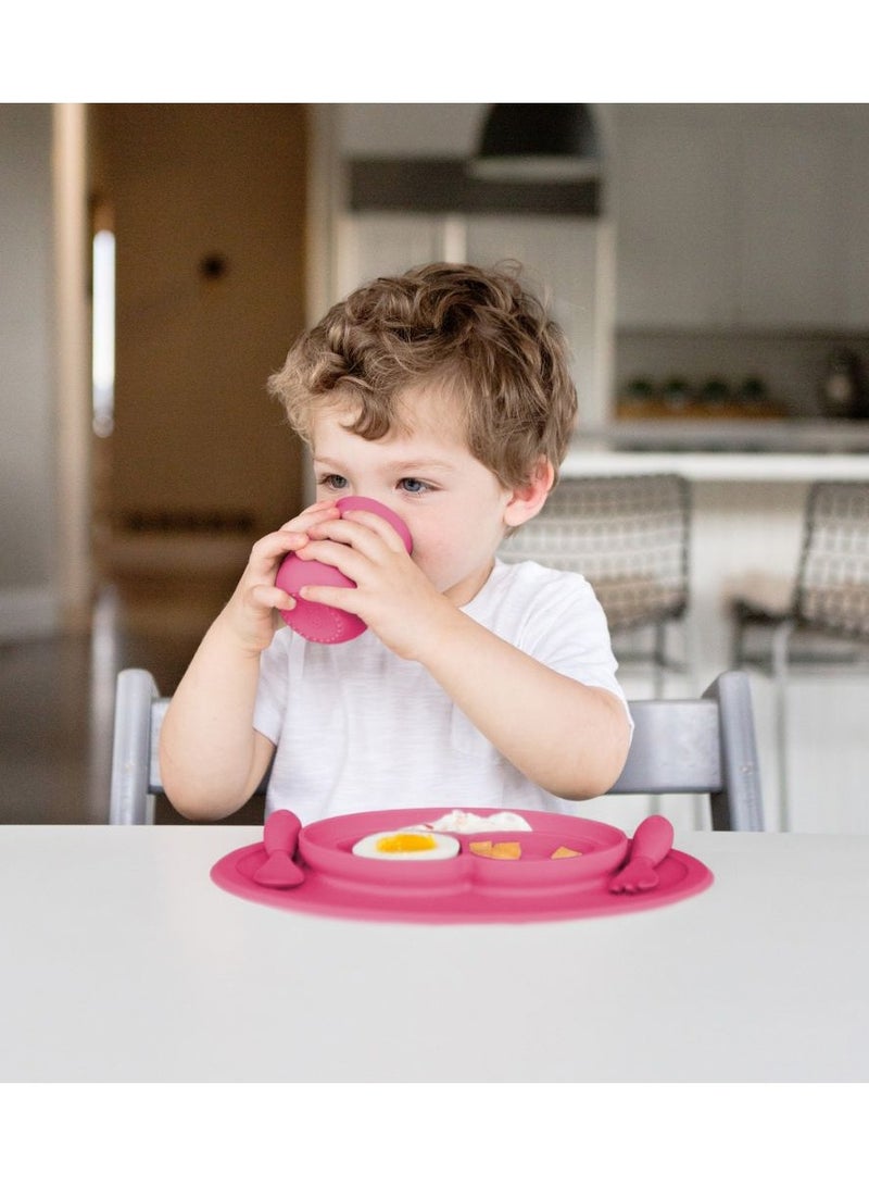 Mini Baby Feeding Set - Baby Led Weaning - 100% Silicone Silicone Baby Feeding Set, Plate, Fork & Spoon For Infants + Toddlers - Pink