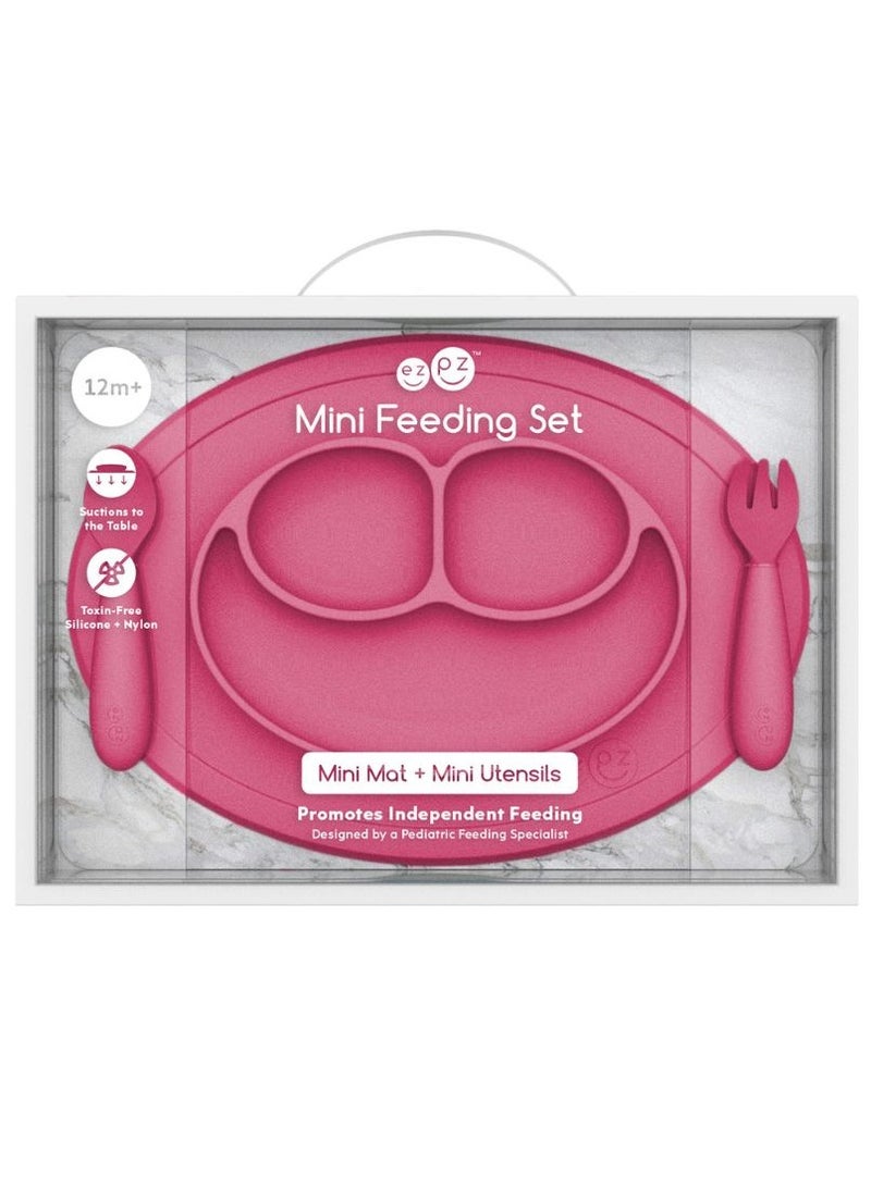 Mini Baby Feeding Set - Baby Led Weaning - 100% Silicone Silicone Baby Feeding Set, Plate, Fork & Spoon For Infants + Toddlers - Pink