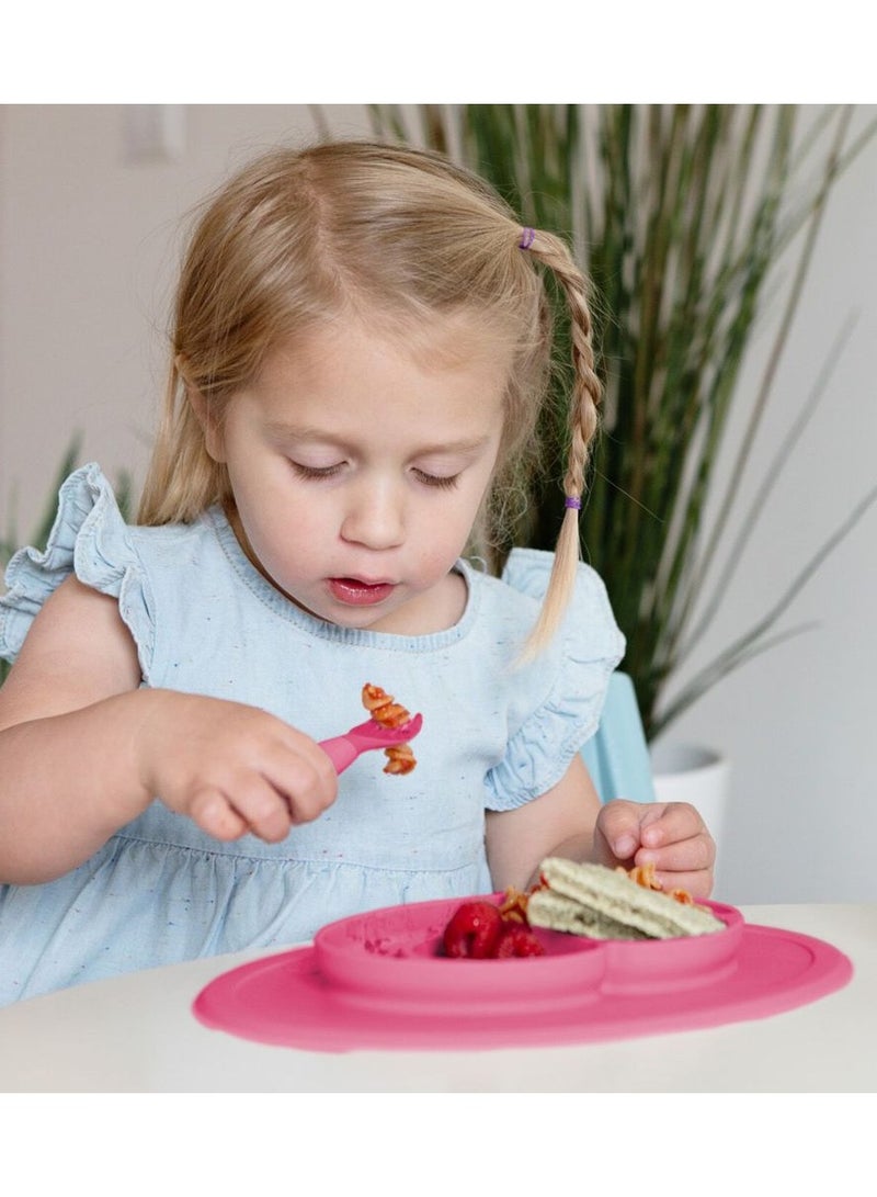 Mini Baby Feeding Set - Baby Led Weaning - 100% Silicone Silicone Baby Feeding Set, Plate, Fork & Spoon For Infants + Toddlers - Pink