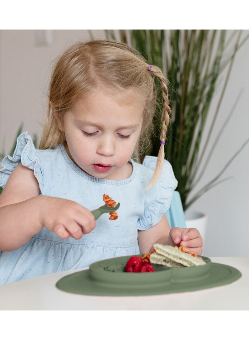 Mini Baby Feeding Set - Baby Led Weaning - 100% Silicone Silicone Baby Feeding Set, Plate, Fork & Spoon For Infants + Toddlers - Olive