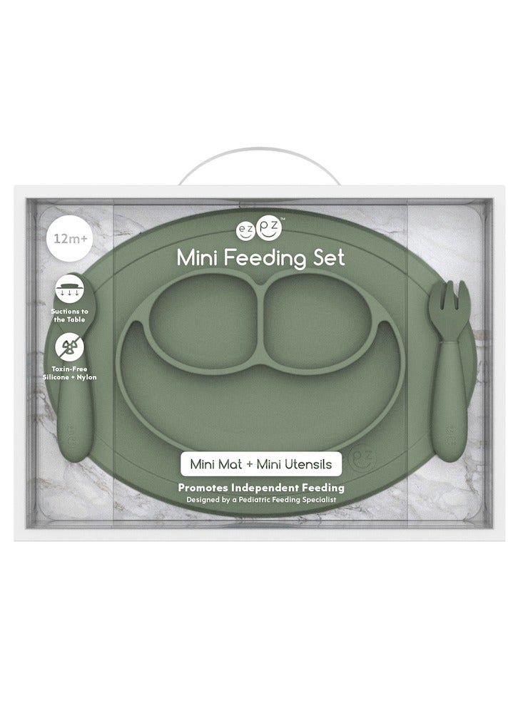 Mini Baby Feeding Set - Baby Led Weaning - 100% Silicone Silicone Baby Feeding Set, Plate, Fork & Spoon For Infants + Toddlers - Olive