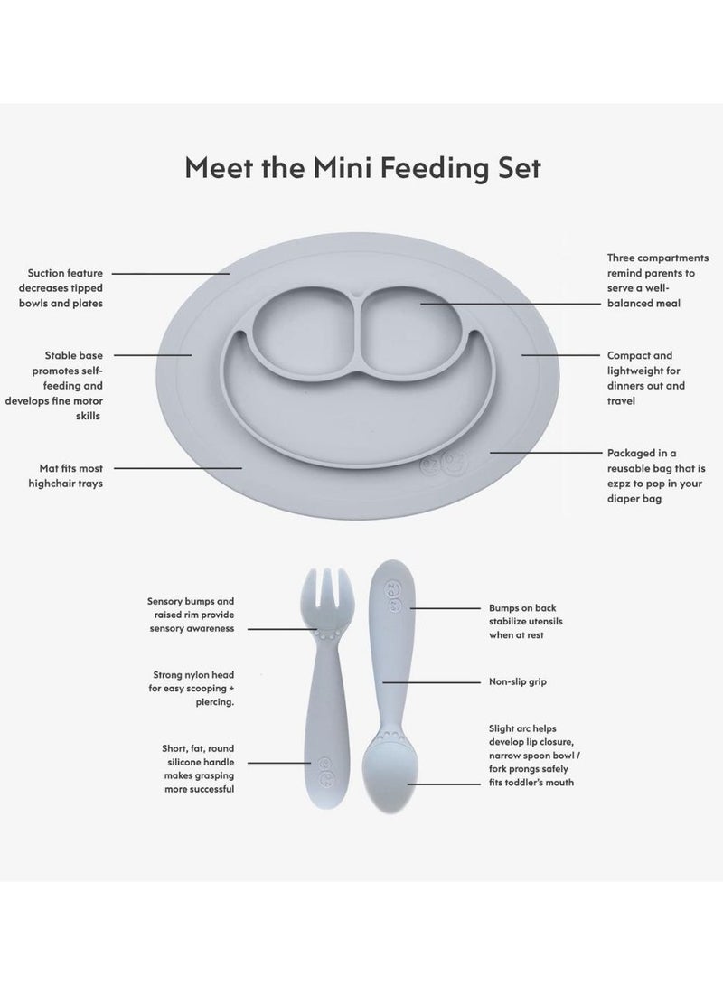 Mini Baby Feeding Set - Baby Led Weaning - 100% Silicone Silicone Baby Feeding Set, Plate, Fork & Spoon For Infants + Toddlers - Grey