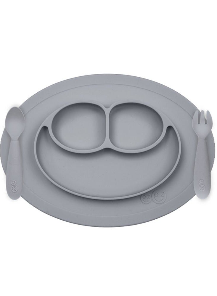 Mini Baby Feeding Set - Baby Led Weaning - 100% Silicone Silicone Baby Feeding Set, Plate, Fork & Spoon For Infants + Toddlers - Grey