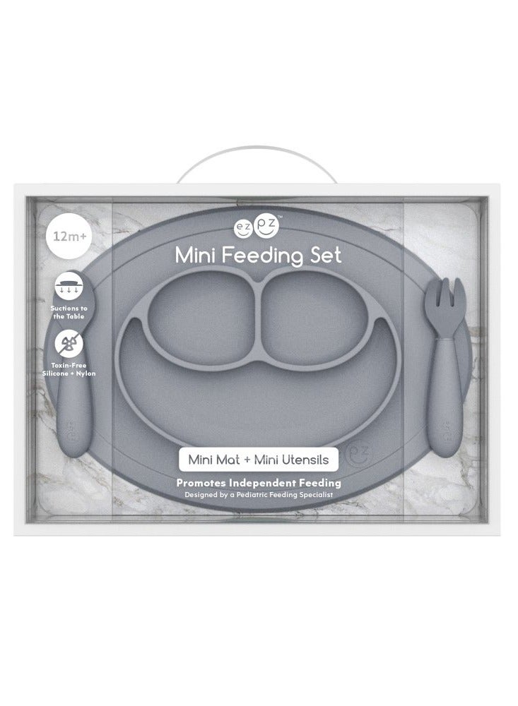 Mini Baby Feeding Set - Baby Led Weaning - 100% Silicone Silicone Baby Feeding Set, Plate, Fork & Spoon For Infants + Toddlers - Grey