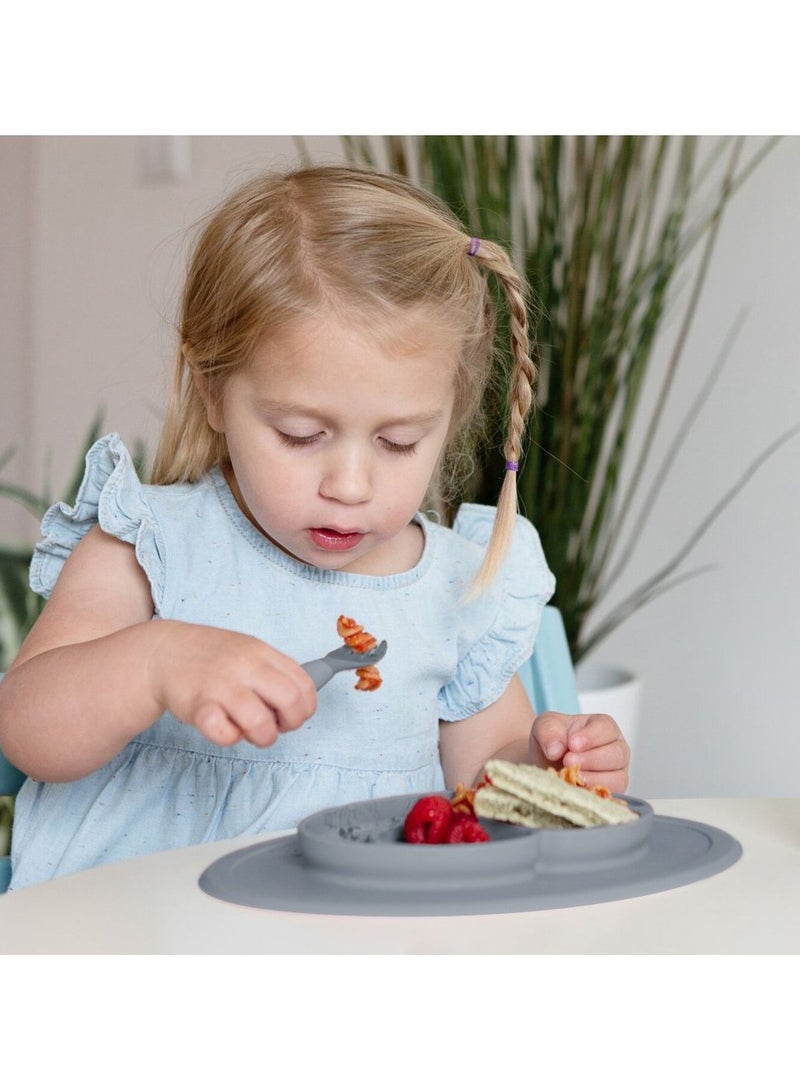 Mini Baby Feeding Set - Baby Led Weaning - 100% Silicone Silicone Baby Feeding Set, Plate, Fork & Spoon For Infants + Toddlers - Grey