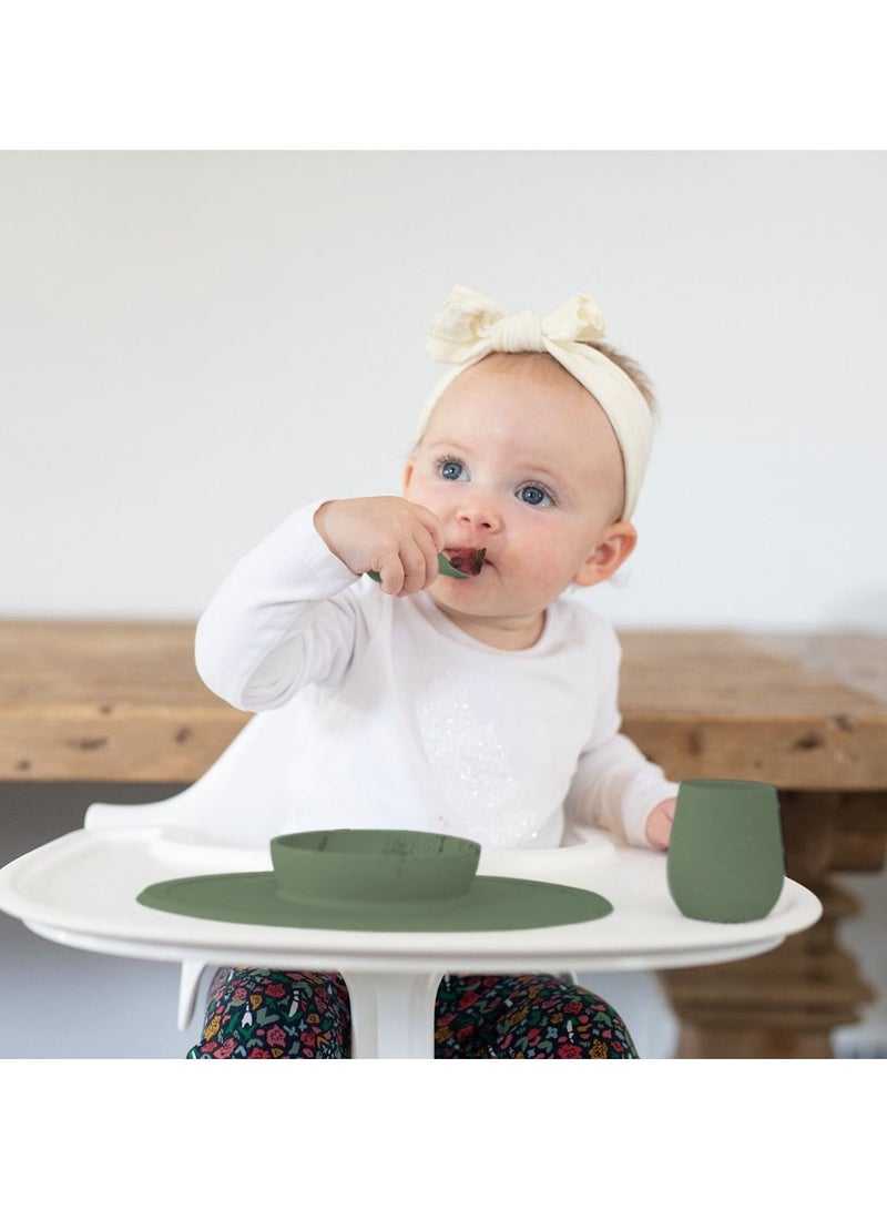 First Food Set - 100% Silicone Baby Feeding Set With Built-In Placemat, Training Cup And Spoons For First Foods + Baby Led Weaning - 4 Months+ - Olive