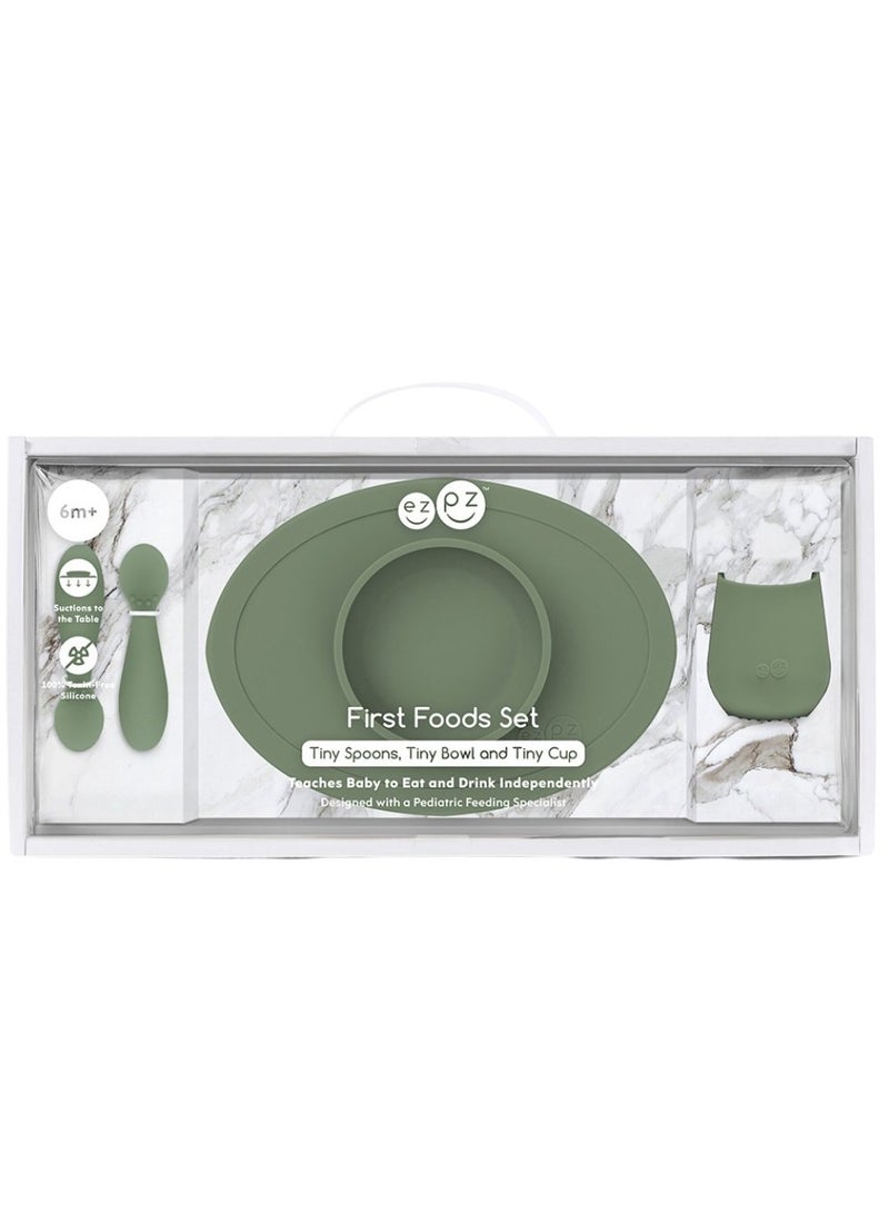 First Food Set - 100% Silicone Baby Feeding Set With Built-In Placemat, Training Cup And Spoons For First Foods + Baby Led Weaning - 4 Months+ - Olive