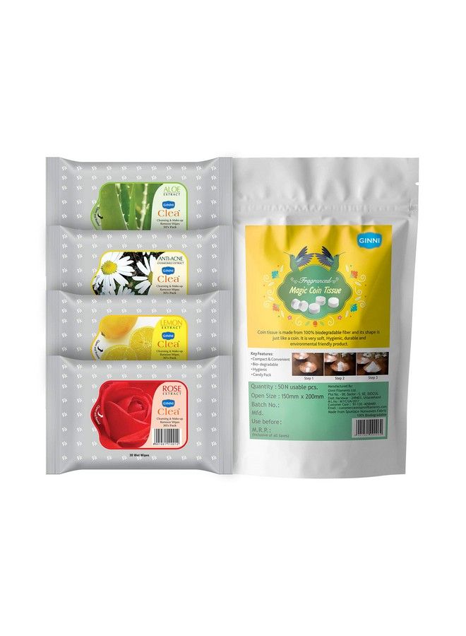 Clea Cleansing Makeup Remover Wipes Pack Of 4 (30 Wipes Per Pack) & 50 Coin Tissue (Clea 30 (Roselemonaloeveraantiacne)