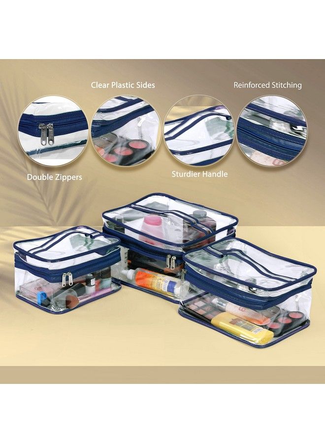 Large Toiletry Bag Makeup Cosmetic Clear Bag Portable Waterproof Transparent Travel Storage Pouch With Zipper Set Of 3 (Blue)