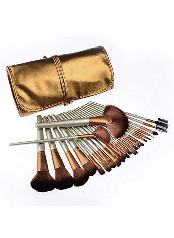 Natural Cosmetic Brush Set With Pouch Case (Pack Of 24) Golden