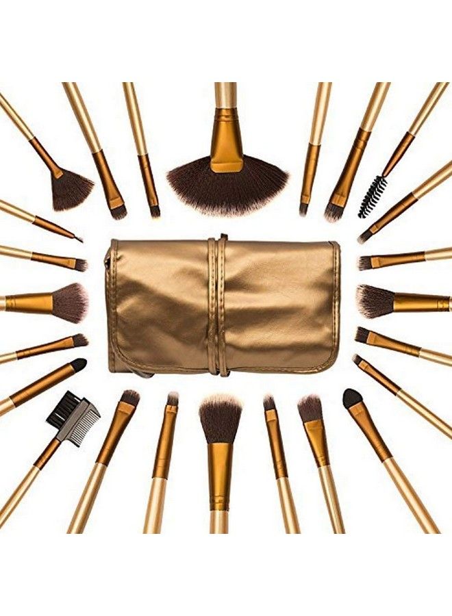 Natural Cosmetic Brush Set With Pouch Case (Pack Of 24) Golden