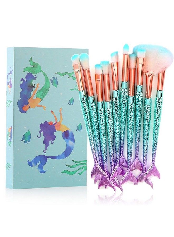 10 Pcs Mermaid Makeup Brush Set With Gift Box Professional Eye Makeup Brushes For Eyeshadow Concealer Eyeliner Brow Blending Brush Tool