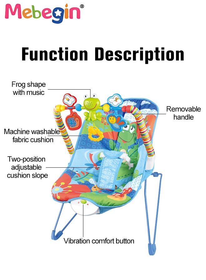 2 In 1 Baby Bouncer Chair with Removable Toy Bar, Washable Cushion and Non-slip Base, Adjustable Infant-to-Toddler Rocker with Music and Soothing Vibration Button, Newborn Essentials