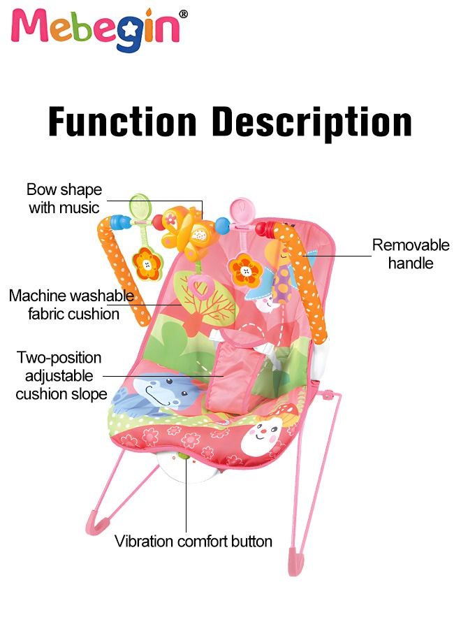 2 In 1 Baby Bouncer Chair with Removable Toy Bar, Washable Cushion and Non-slip Base, Adjustable Infant-to-Toddler Rocker with Music and Soothing Vibration Button, Newborn Essentials