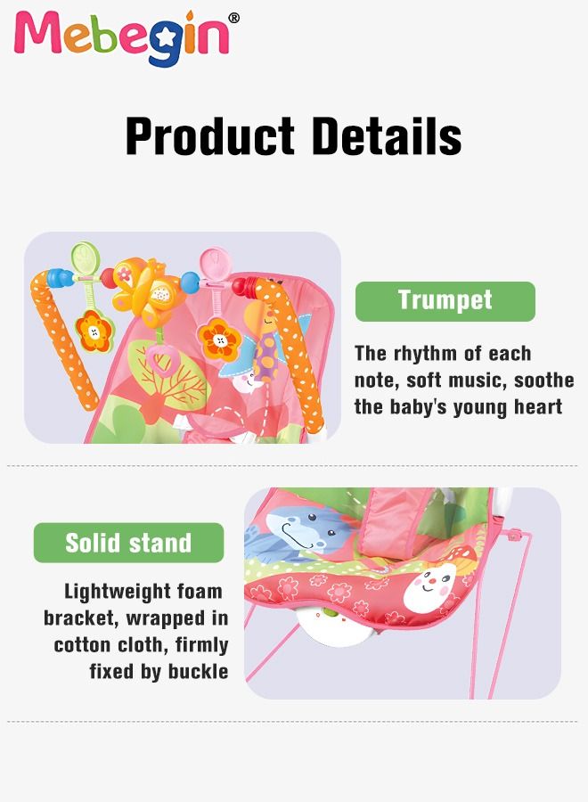 2 In 1 Baby Bouncer Chair with Removable Toy Bar, Washable Cushion and Non-slip Base, Adjustable Infant-to-Toddler Rocker with Music and Soothing Vibration Button, Newborn Essentials