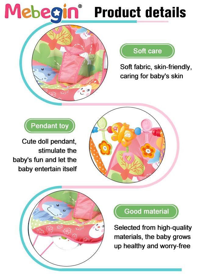 2 In 1 Baby Bouncer Chair with Removable Toy Bar, Washable Cushion and Non-slip Base, Adjustable Infant-to-Toddler Rocker with Music and Soothing Vibration Button, Newborn Essentials