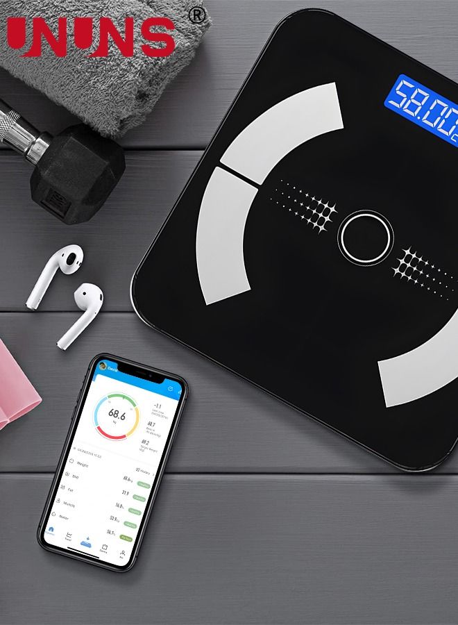 Smart Scale For Body Weight,Bluetooth Scale,Weight Scales,Body Fat Scale,Digital Bathroom Scale With LED Display,Rechargeable Weighing Scale,Body Composition Analyzer Scale,Up To 180Kg,Black